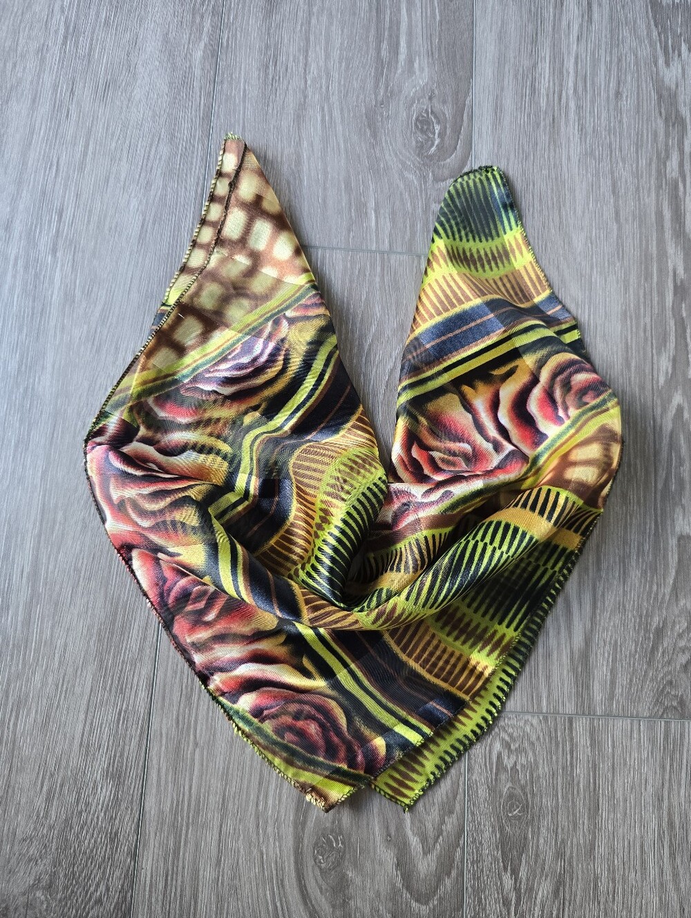 Psychedelic Rose Print Square Scarf 21" Satin Bandana Lime Green Brown Y2K 90s